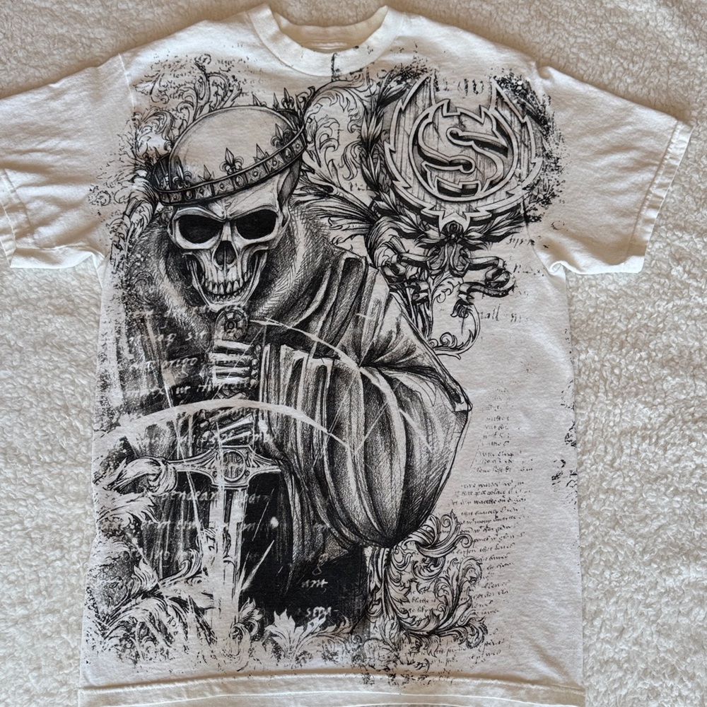 Sinister Brand‎ Skull King Graphic Tee Gothic Streetwear White Black Mens Medium